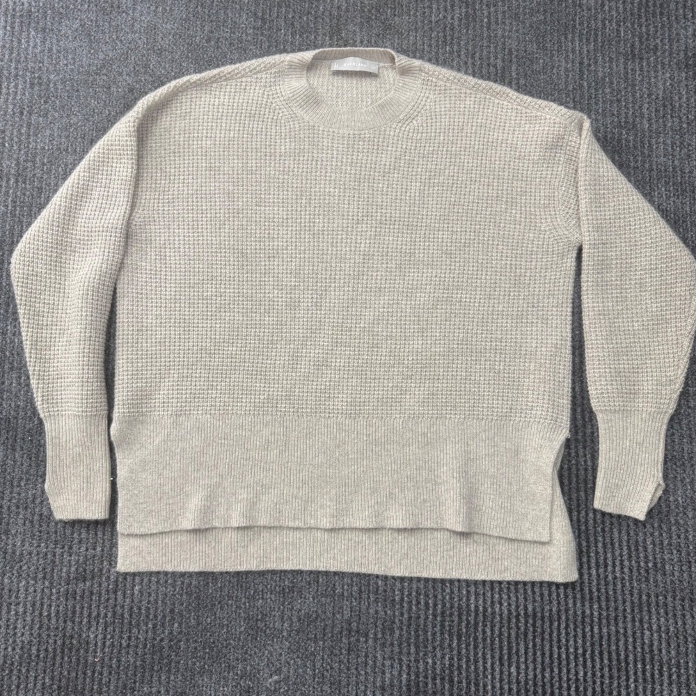 Everlane Waffle Knit Sweater Oatmeal Beige Crew Neck Relaxed Fit Small